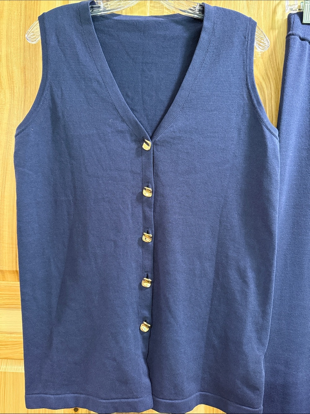 Commense Navy Knit Wide Leg Pants Set W/Vest Classy Minimalist Elevated Staple S - Picture 3 of 16
